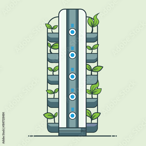 Smart Vertical Hydroponic Tower with Automated Plant Growth. Concept of sustainable agriculture, smart farming, and high-tech indoor cultivation.