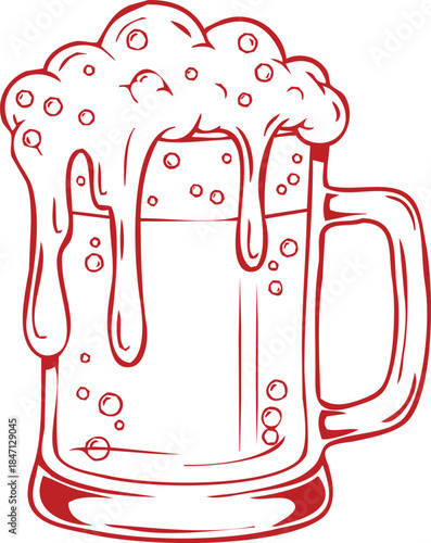 Red Sketch of Frothy Beer Mug Overflowing with Foam on White Background lager stout