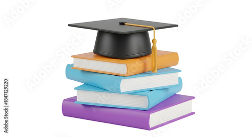 Graduation cap on stack of colorful books