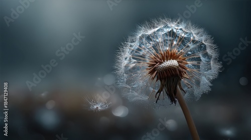 A dandelion puff stands tall as it releases its tiny seeds into the air. The background shows a soft blurry landscape under cloudy weather. The scene captures the natural cycle of life. © mila103