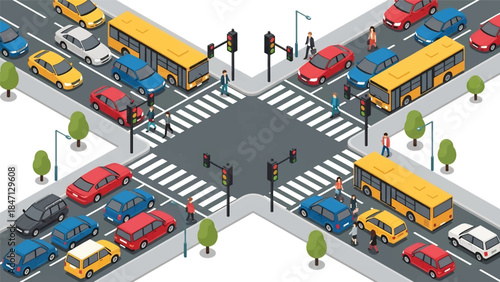 Isometric vector 3D view of a busy urban traffic intersection with cars, buses, traffic lights, crosswalks, and pedestrians illustrating modern city transportation flow