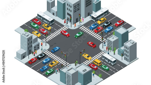 Isometric vector 3D view of a busy urban traffic intersection with cars, buses, traffic lights, crosswalks, and pedestrians illustrating modern city transportation flow