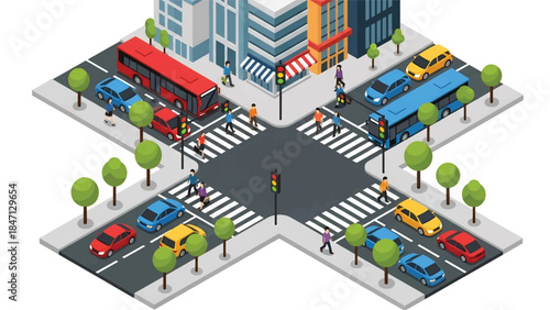 Isometric vector 3D view of a busy urban traffic intersection with cars, buses, traffic lights, crosswalks, and pedestrians illustrating modern city transportation flow