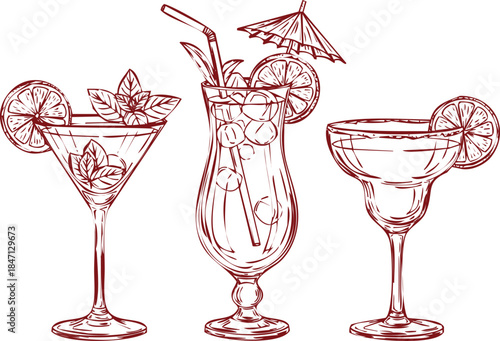 Three Hand Drawn Cocktail Glasses with Garnishes on White Background drinks beverages