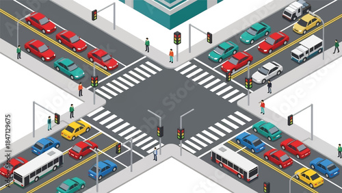 Isometric vector 3D view of a busy urban traffic intersection with cars, buses, traffic lights, crosswalks, and pedestrians illustrating modern city transportation flow