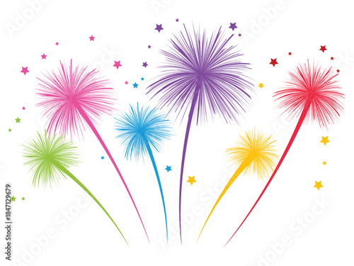 Vibrant colorful fireworks display with scattered stars on a bright white background