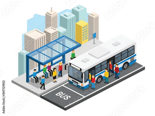 Isometric vector 3D view of a public bus transit system with passengers boarding at stops, highlighting efficient urban mobility and sustainable city transportation