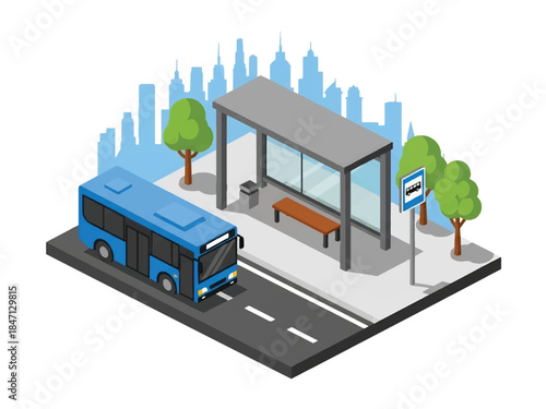 Isometric vector 3D view of a public bus transit system with passengers boarding at stops, highlighting efficient urban mobility and sustainable city transportation