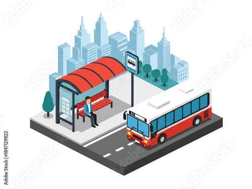 Isometric vector 3D view of a public bus transit system with passengers boarding at stops, highlighting efficient urban mobility and sustainable city transportation