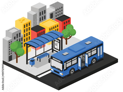 Isometric vector 3D view of a public bus transit system with passengers boarding at stops, highlighting efficient urban mobility and sustainable city transportation