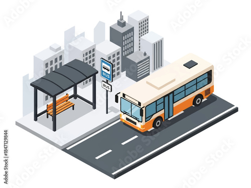 Isometric vector 3D view of a public bus transit system with passengers boarding at stops, highlighting efficient urban mobility and sustainable city transportation
