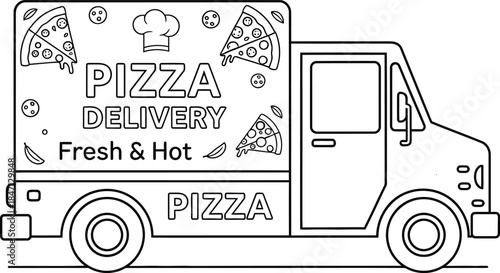 Pizza delivery truck line art vector illustration