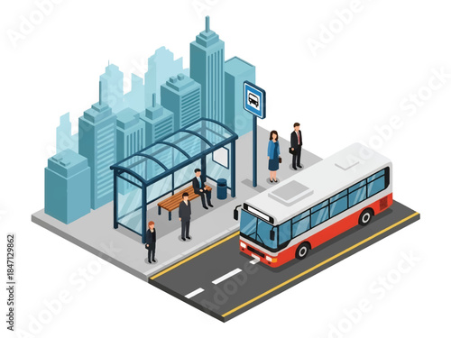 Isometric vector 3D view of a public bus transit system with passengers boarding at stops, highlighting efficient urban mobility and sustainable city transportation