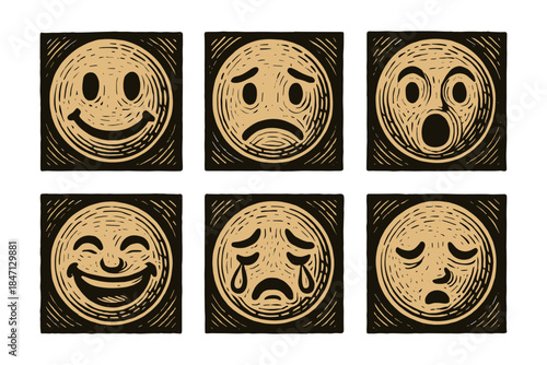 Hand-drawn emoticon set with diverse facial expressions in rustic style