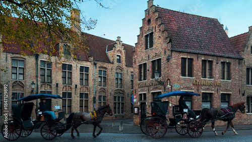 Medieval architecture on the autumn streets of historic center of Bruges, Belgium, October 20, 2025.