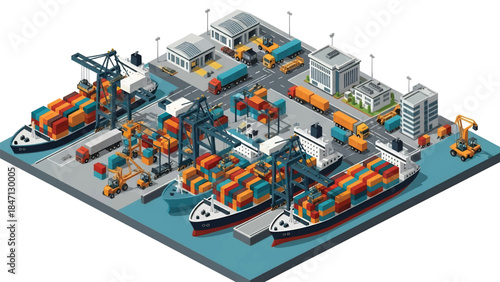 Isometric vector 3D view of a cargo shipping port with container ships, cranes, and trucks, illustrating global trade and maritime transportation logistics