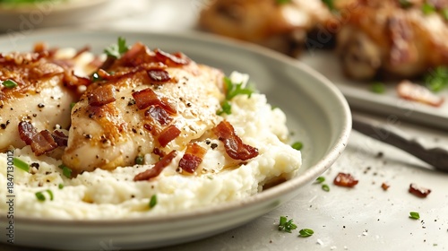 Fototapeta Naklejka Na Ścianę i Meble -  Delicious Chicken Breast with Bacon on Mashed Potatoes