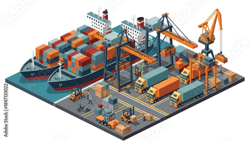 Isometric vector 3D view of a cargo shipping port with container ships, cranes, and trucks, illustrating global trade and maritime transportation logistics
