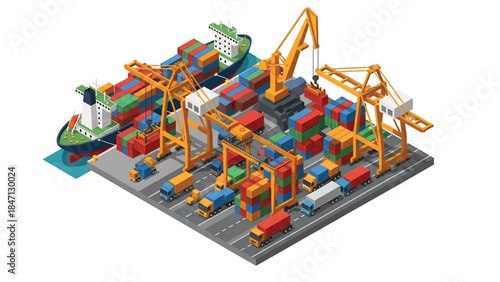 Isometric vector 3D view of a cargo shipping port with container ships, cranes, and trucks, illustrating global trade and maritime transportation logistics