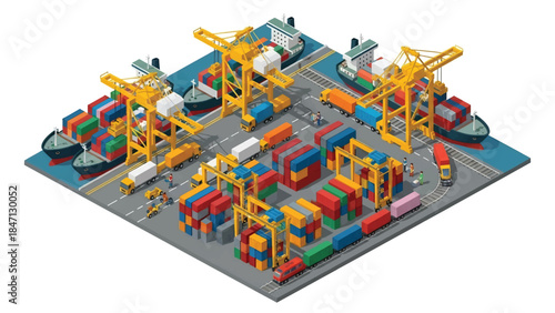Isometric vector 3D view of a cargo shipping port with container ships, cranes, and trucks, illustrating global trade and maritime transportation logistics