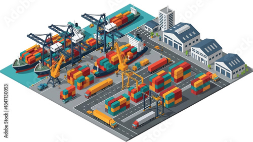 Isometric vector 3D view of a cargo shipping port with container ships, cranes, and trucks, illustrating global trade and maritime transportation logistics