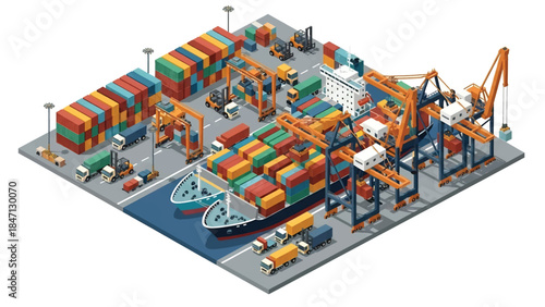 Isometric vector 3D view of a cargo shipping port with container ships, cranes, and trucks, illustrating global trade and maritime transportation logistics
