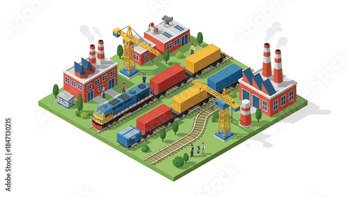 Isometric vector 3D view of railway freight transport with cargo trains moving containers through industrial landscapes, highlighting efficient rail logistics systems