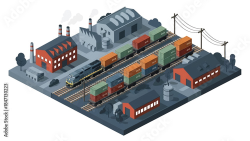 Isometric vector 3D view of railway freight transport with cargo trains moving containers through industrial landscapes, highlighting efficient rail logistics systems