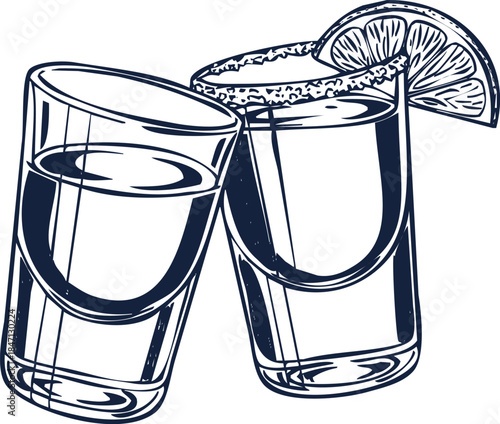 Two Shot Glasses with Lime Slice and Salt Rim Clinking Together tequila alcohol