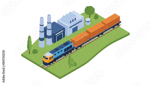 Isometric vector 3D view of railway freight transport with cargo trains moving containers through industrial landscapes, highlighting efficient rail logistics systems