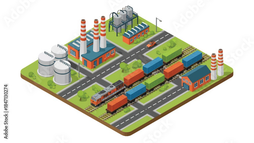 Isometric vector 3D view of railway freight transport with cargo trains moving containers through industrial landscapes, highlighting efficient rail logistics systems