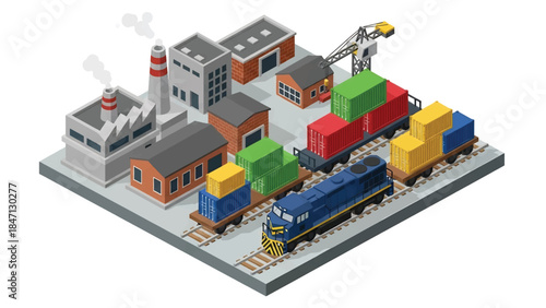 Isometric vector 3D view of railway freight transport with cargo trains moving containers through industrial landscapes, highlighting efficient rail logistics systems