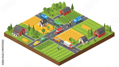 Isometric vector 3D view of rural road transportation with vehicles passing fields and villages, illustrating countryside mobility and regional transport networks