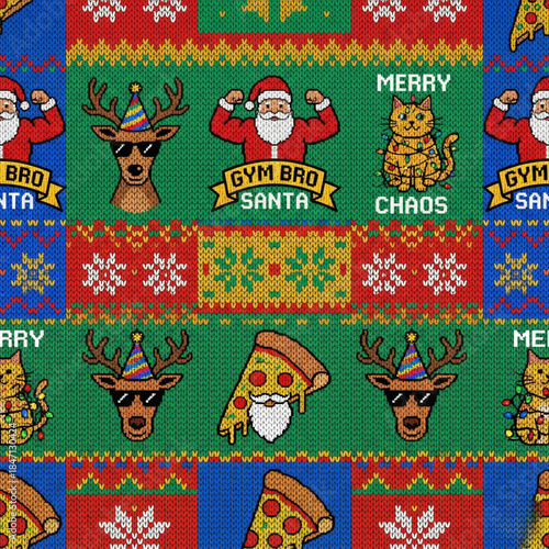 Funny Christmas pattern with gym bro Santa and festive animals