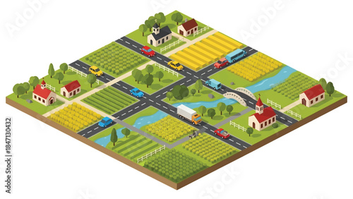 Isometric vector 3D view of rural road transportation with vehicles passing fields and villages, illustrating countryside mobility and regional transport networks