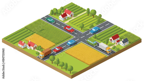 Isometric vector 3D view of rural road transportation with vehicles passing fields and villages, illustrating countryside mobility and regional transport networks