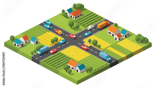 Isometric vector 3D view of rural road transportation with vehicles passing fields and villages, illustrating countryside mobility and regional transport networks