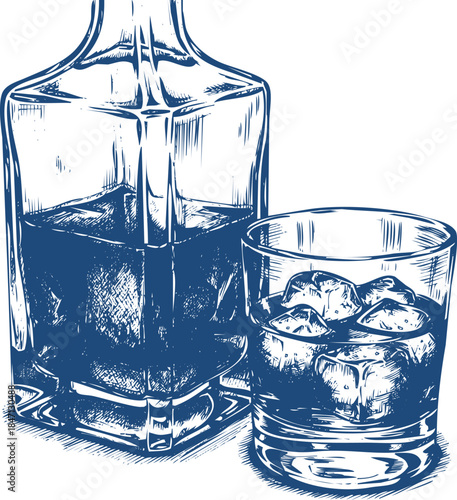 Vintage Hand Drawn Whiskey Decanter and Glass with Ice Cubes drink beverage