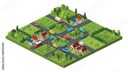 Isometric vector 3D view of rural road transportation with vehicles passing fields and villages, illustrating countryside mobility and regional transport networks