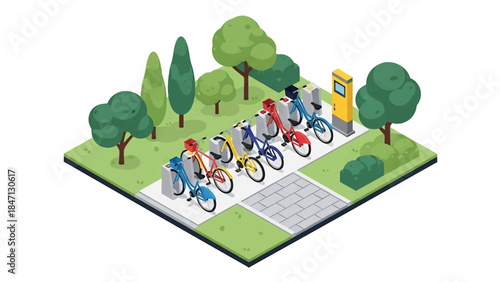 Isometric vector 3D view of a bicycle sharing station with docked bikes and users, highlighting sustainable public transportation in urban environments