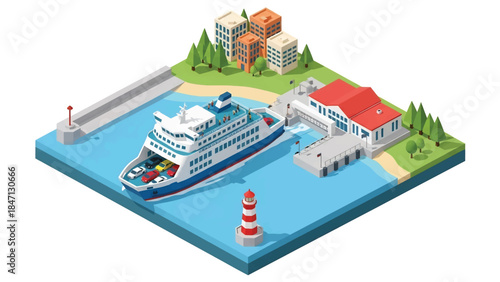 Isometric vector 3D view of a passenger ferry transporting people across coastal waters, modern seaport infrastructure, efficient maritime public transportation system