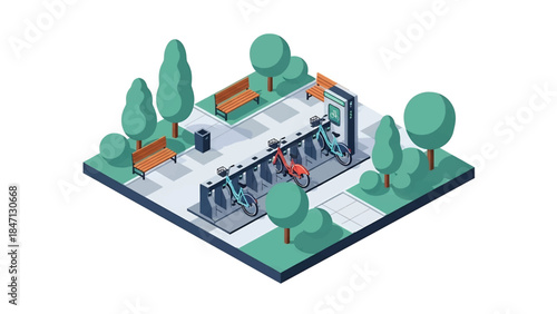 Isometric vector 3D view of a bicycle sharing station with docked bikes and users, highlighting sustainable public transportation in urban environments