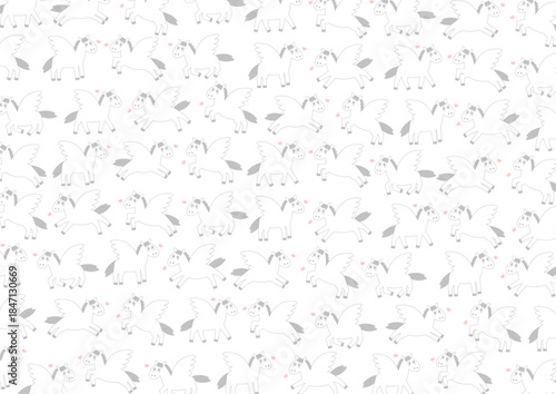 かわいいペガサスとハート模様背景イラスト