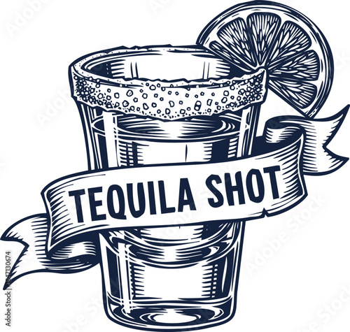 Vintage Style Tequila Shot Glass with Salt Rim and Lime Slice alcohol