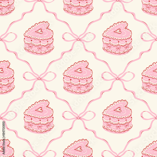 Cute seamless pattern with hand drawn ribbons and bows, heart shaped cakes. Coquette vintage print. Preppy girly background for Valentine's day, wedding, birthday, wrapping paper.