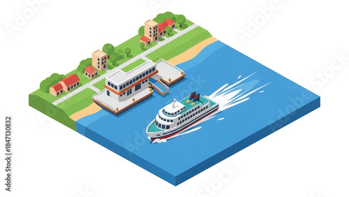 Isometric vector 3D view of a passenger ferry transporting people across coastal waters, modern seaport infrastructure, efficient maritime public transportation system