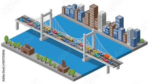 Isometric vector 3D view of vehicles crossing a large urban bridge over a river, city infrastructure, traffic flow, and modern transportation network