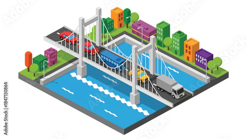 Isometric vector 3D view of vehicles crossing a large urban bridge over a river, city infrastructure, traffic flow, and modern transportation network