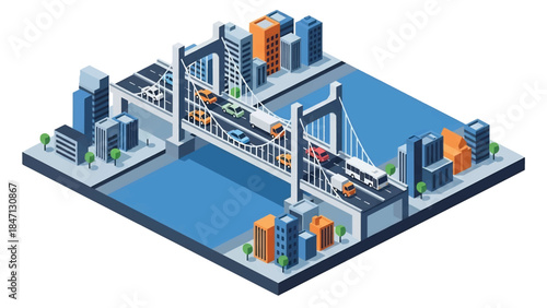 Isometric vector 3D view of vehicles crossing a large urban bridge over a river, city infrastructure, traffic flow, and modern transportation network