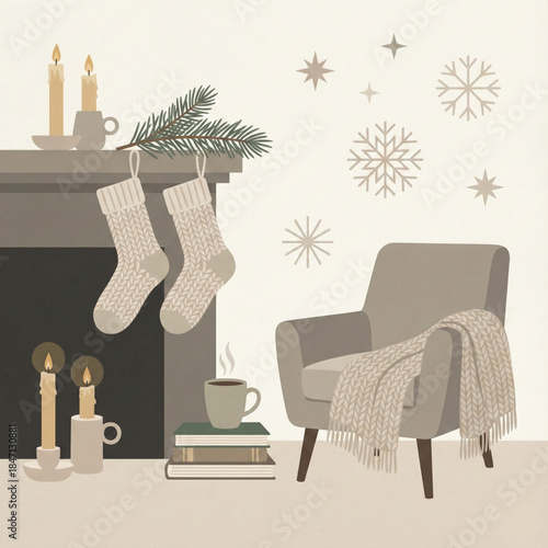 Cozy winter living room with fireplace, stockings, and hot cocoa
